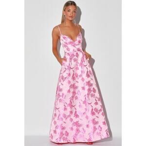 Lulu's Women's size S Passion Pink Floral Print Jacquard Maxi Dress Gown Lined